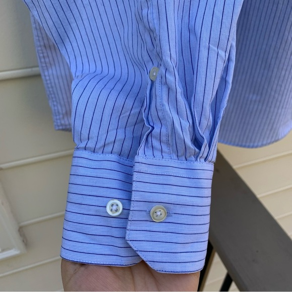 Emanuel Ungari light blue and navy striped button up dress shirt 17 34/35 XL - Picture 6 of 15